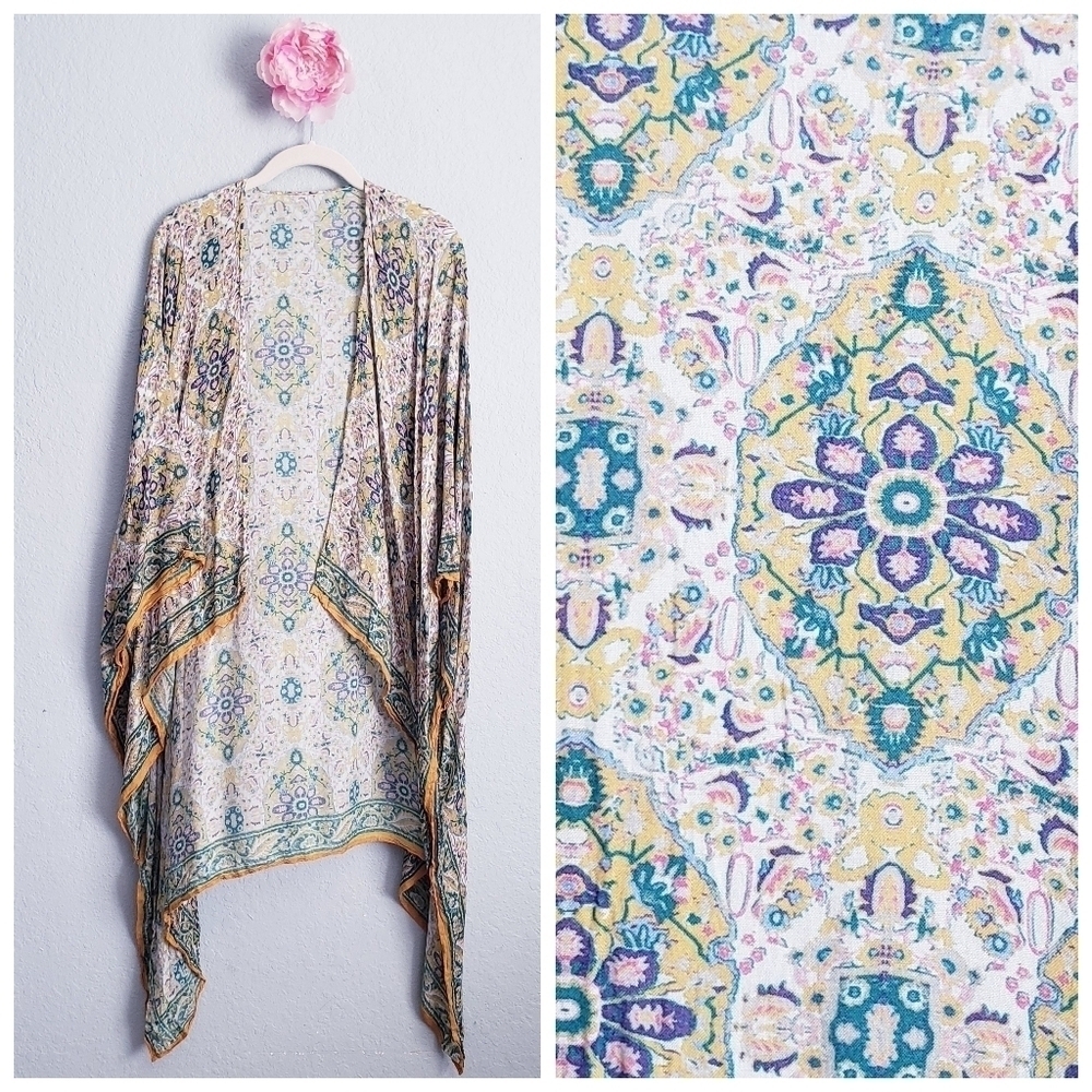 Anthropologie Blue And Yellow Bohemian Floral Medallion Kimono